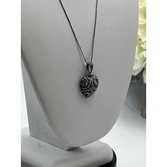 Sterling silver 925K Thai Turquoise‎ Polished Marcasite Heart Pendant Necklace - Picture 6 of 16